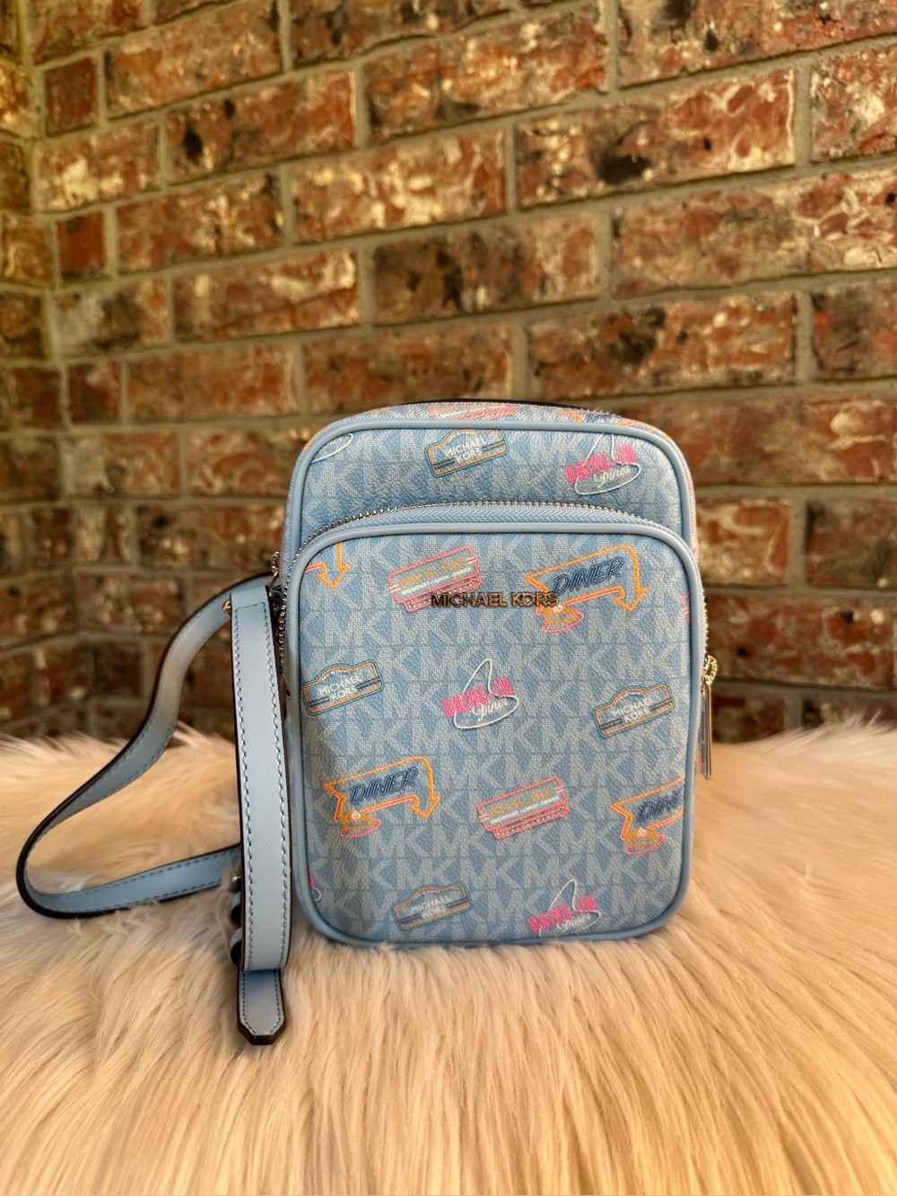 Michael Kors Light Blue Logo Print Crossbody Bag with Multicolor Accents
